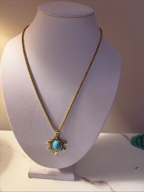 Gold Turtle Pendant Necklace with Turquoise Accent